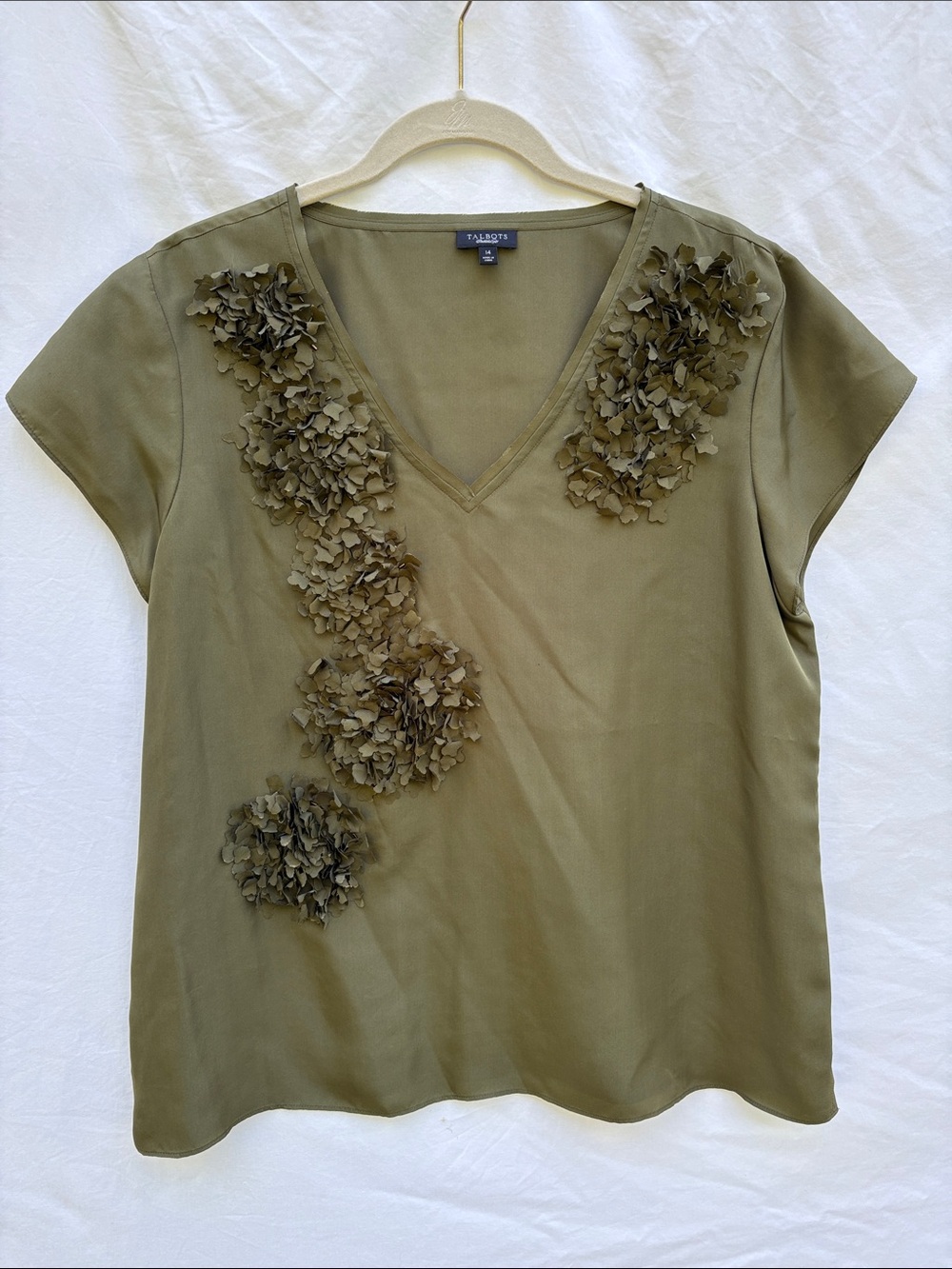 Talbots Olive V-Neck Blouse with 3D Floral Appliqués